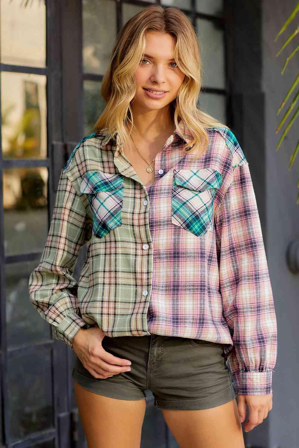 Contrast Plaid Long Sleeve Collared Neck Shirt - Immenzive