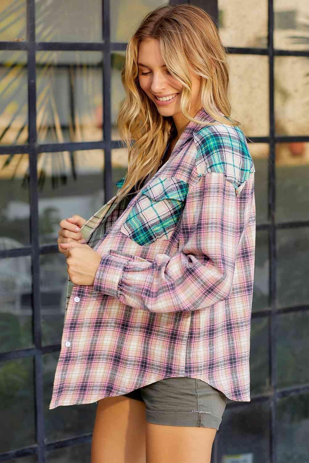 Contrast Plaid Long Sleeve Collared Neck Shirt - Immenzive