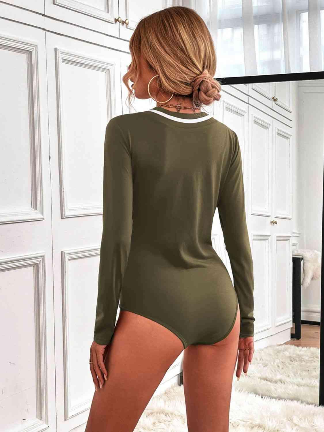 Contrast Ribbed Trim Deep V Bodysuit - Immenzive