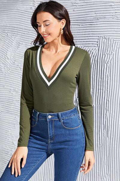 Contrast Ribbed Trim Deep V Bodysuit - Immenzive