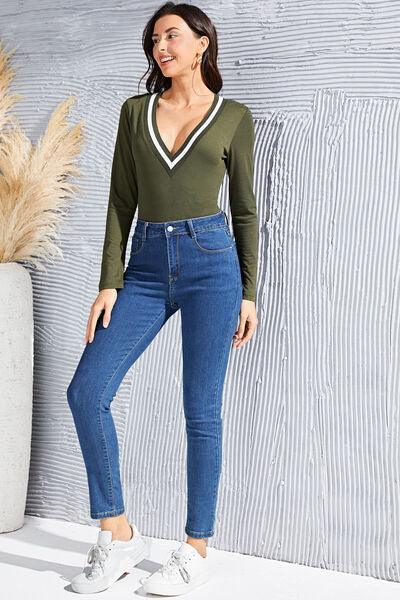 Contrast Ribbed Trim Deep V Bodysuit - Immenzive