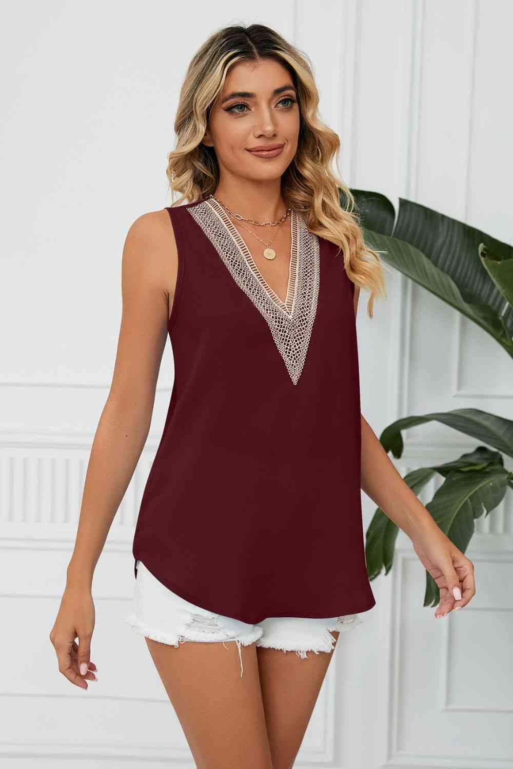 Contrast Trim Plunge Sleeveless Blouse - Immenzive