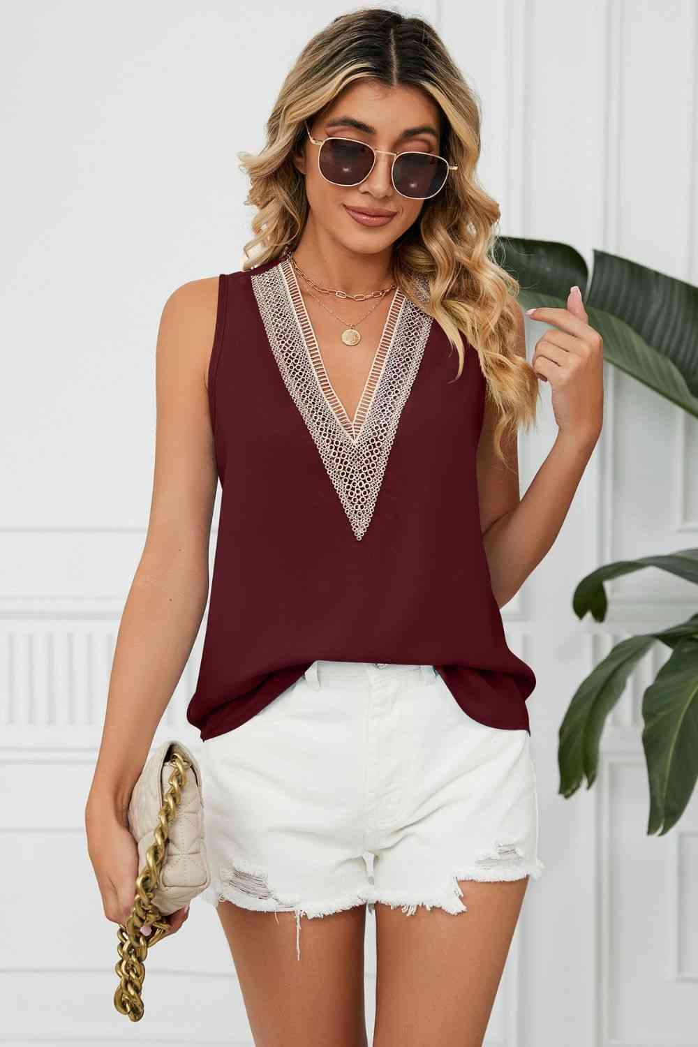 Contrast Trim Plunge Sleeveless Blouse - Immenzive