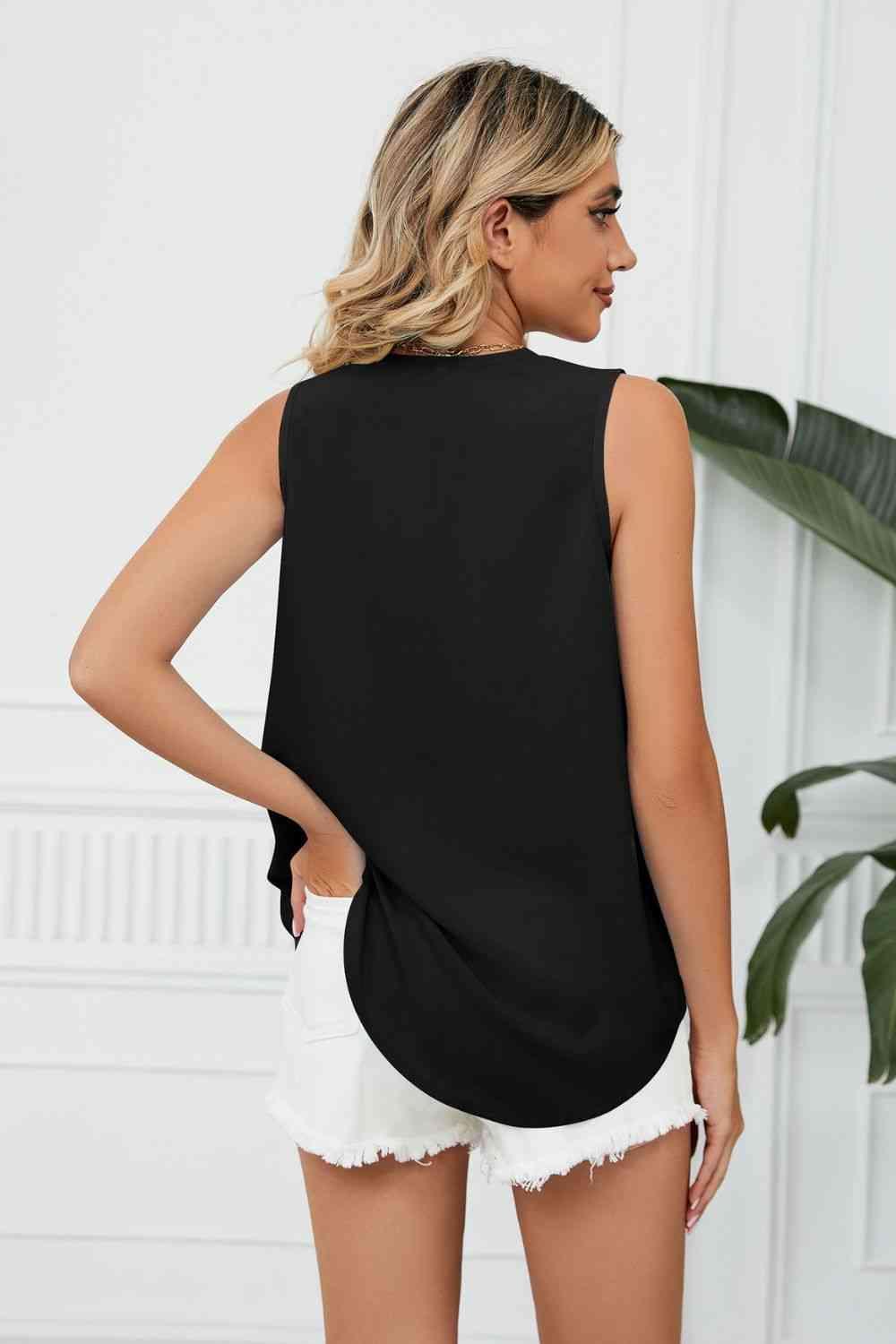 Contrast Trim Plunge Sleeveless Blouse - Immenzive