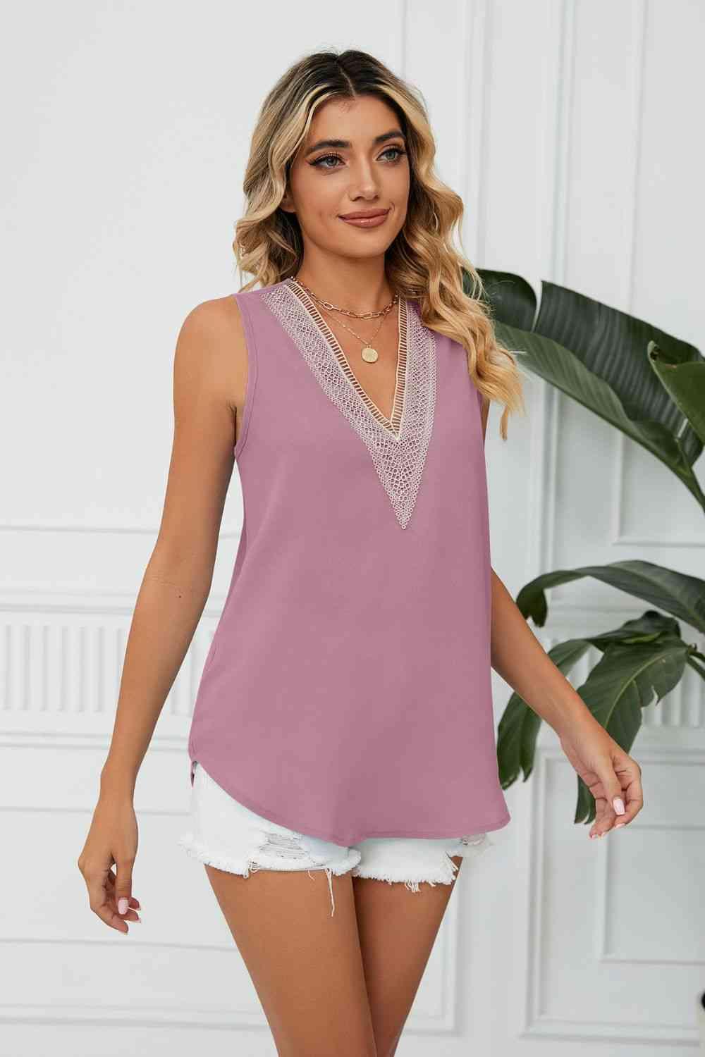 Contrast Trim Plunge Sleeveless Blouse - Immenzive