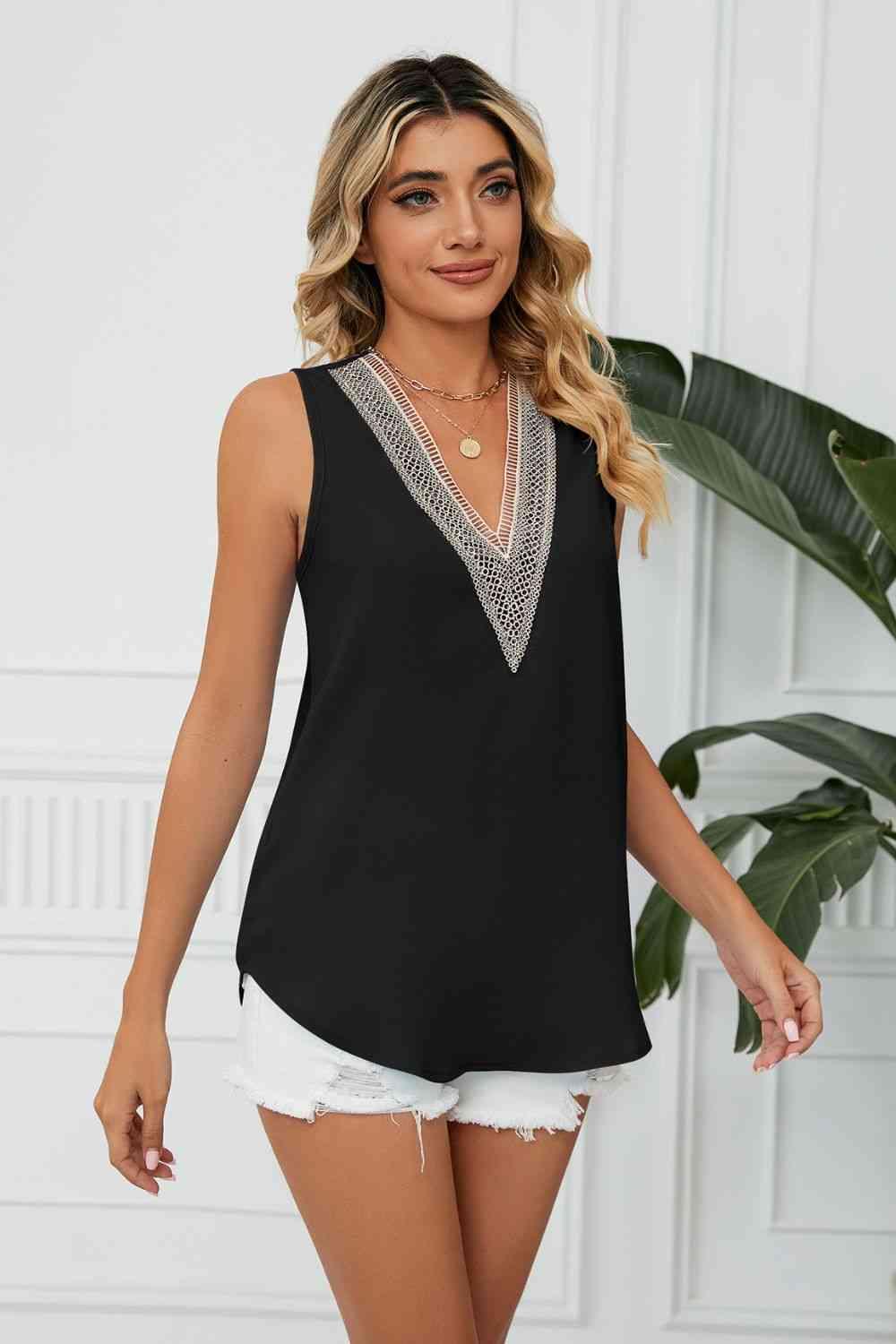 Contrast Trim Plunge Sleeveless Blouse - Immenzive