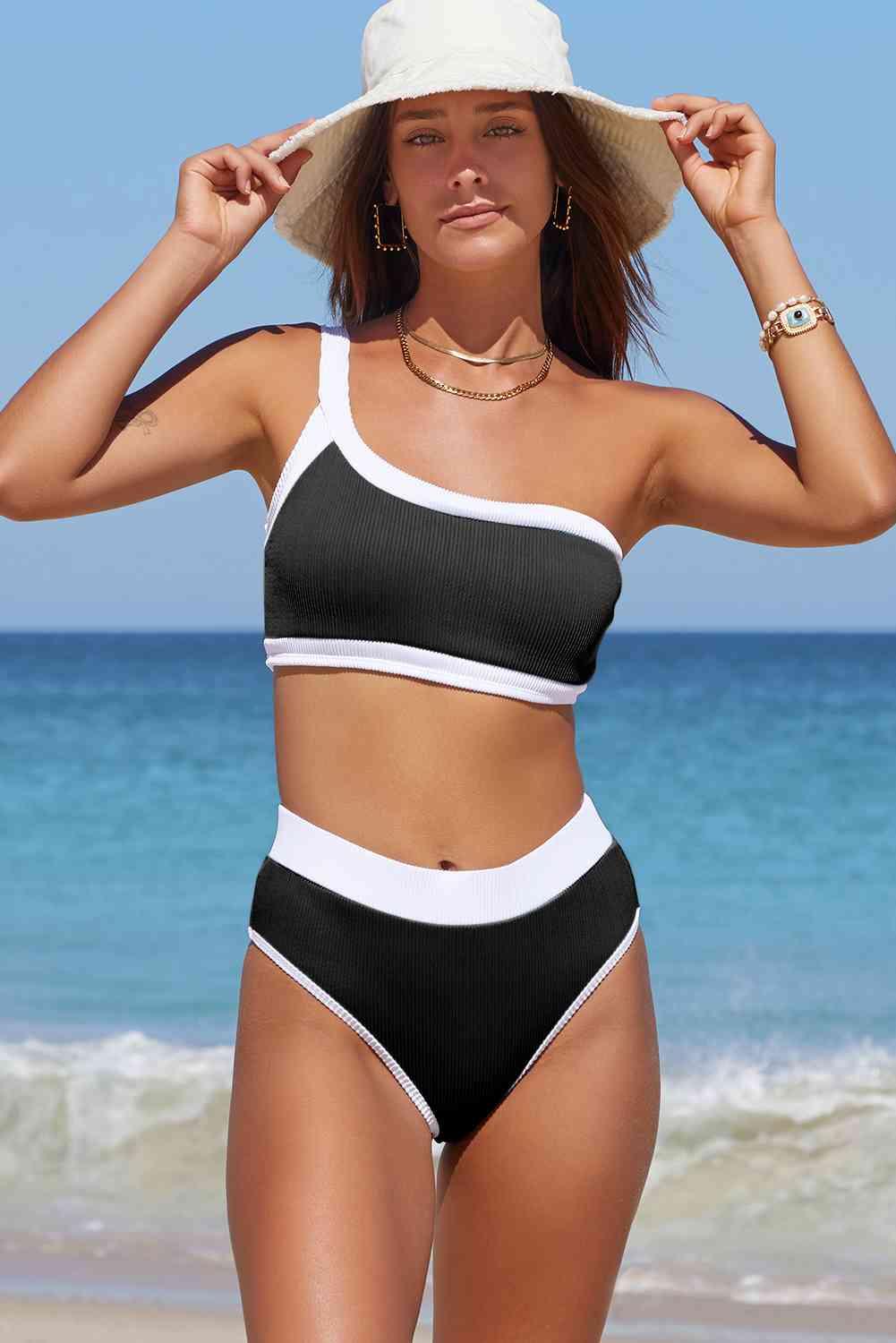 Contrast Trim Ribbed One-Shoulder Bikini Set - Immenzive