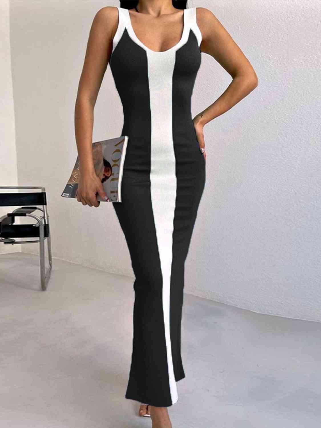Contrast Wide Strap Slit Midi Dress - Immenzive