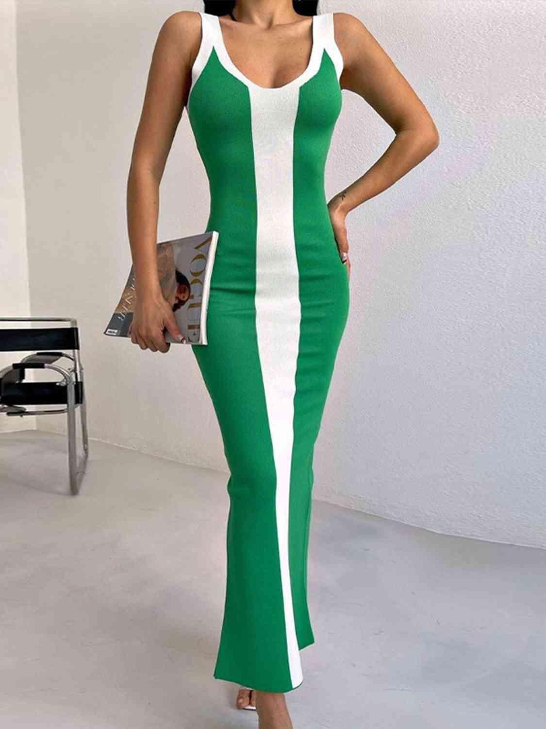 Contrast Wide Strap Slit Midi Dress - Immenzive