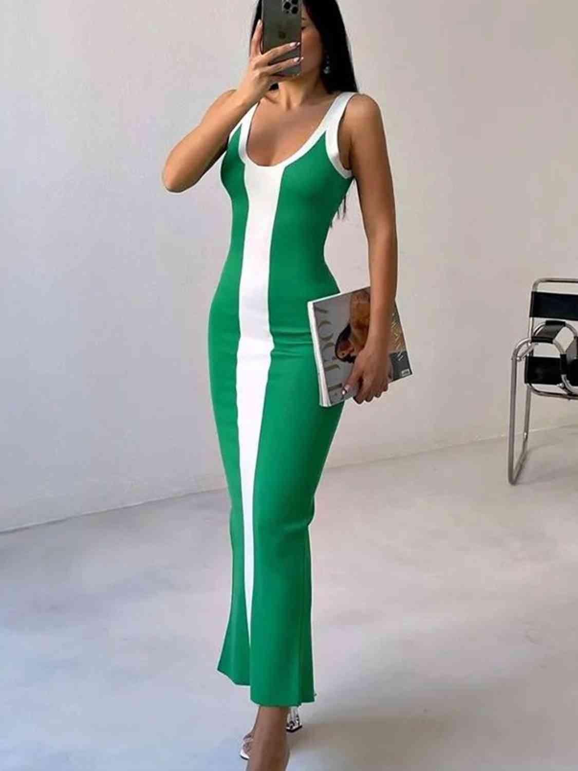 Contrast Wide Strap Slit Midi Dress - Immenzive