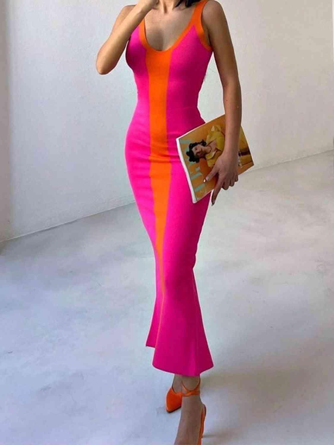 Contrast Wide Strap Slit Midi Dress - Immenzive