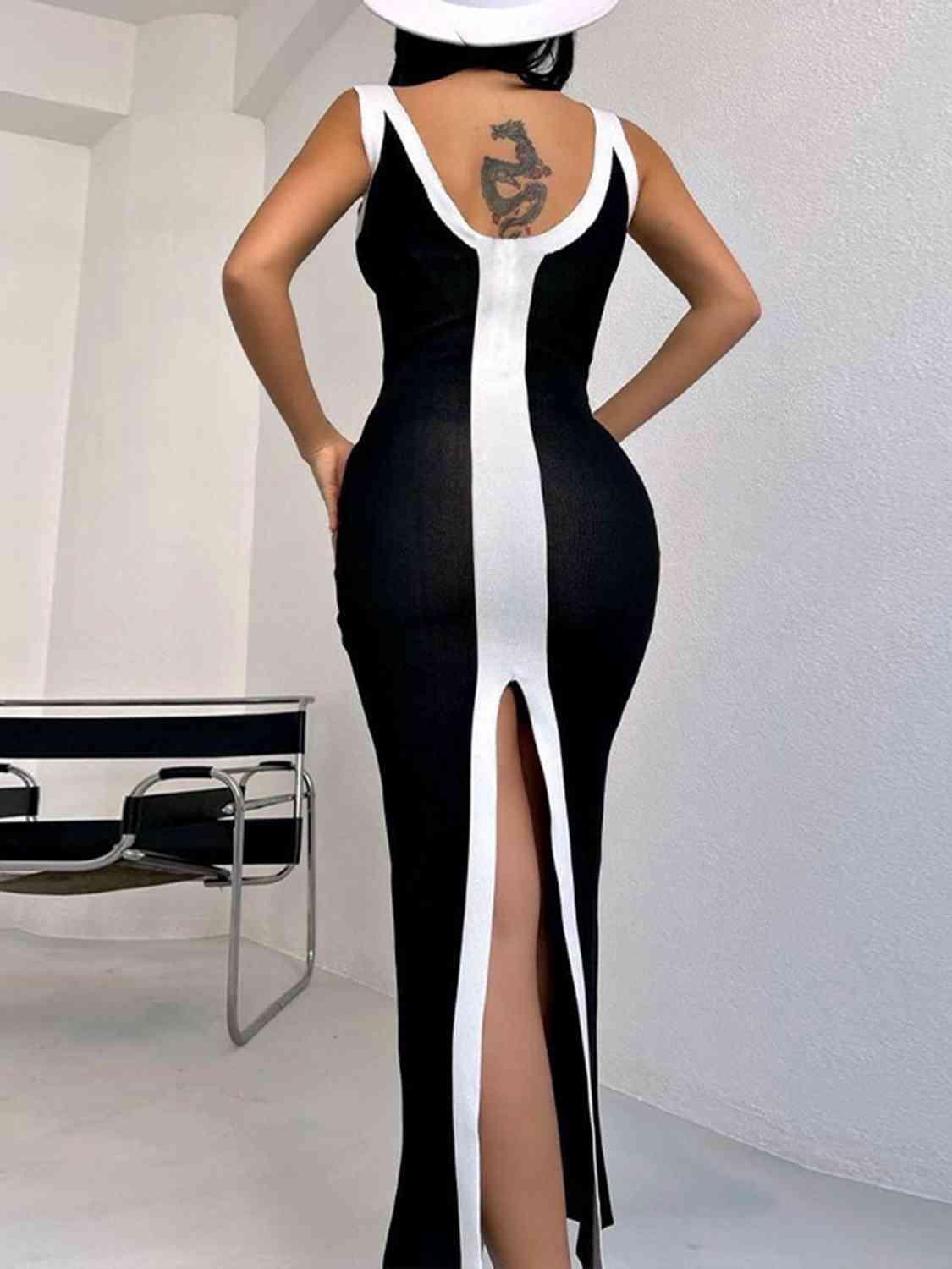Contrast Wide Strap Slit Midi Dress - Immenzive