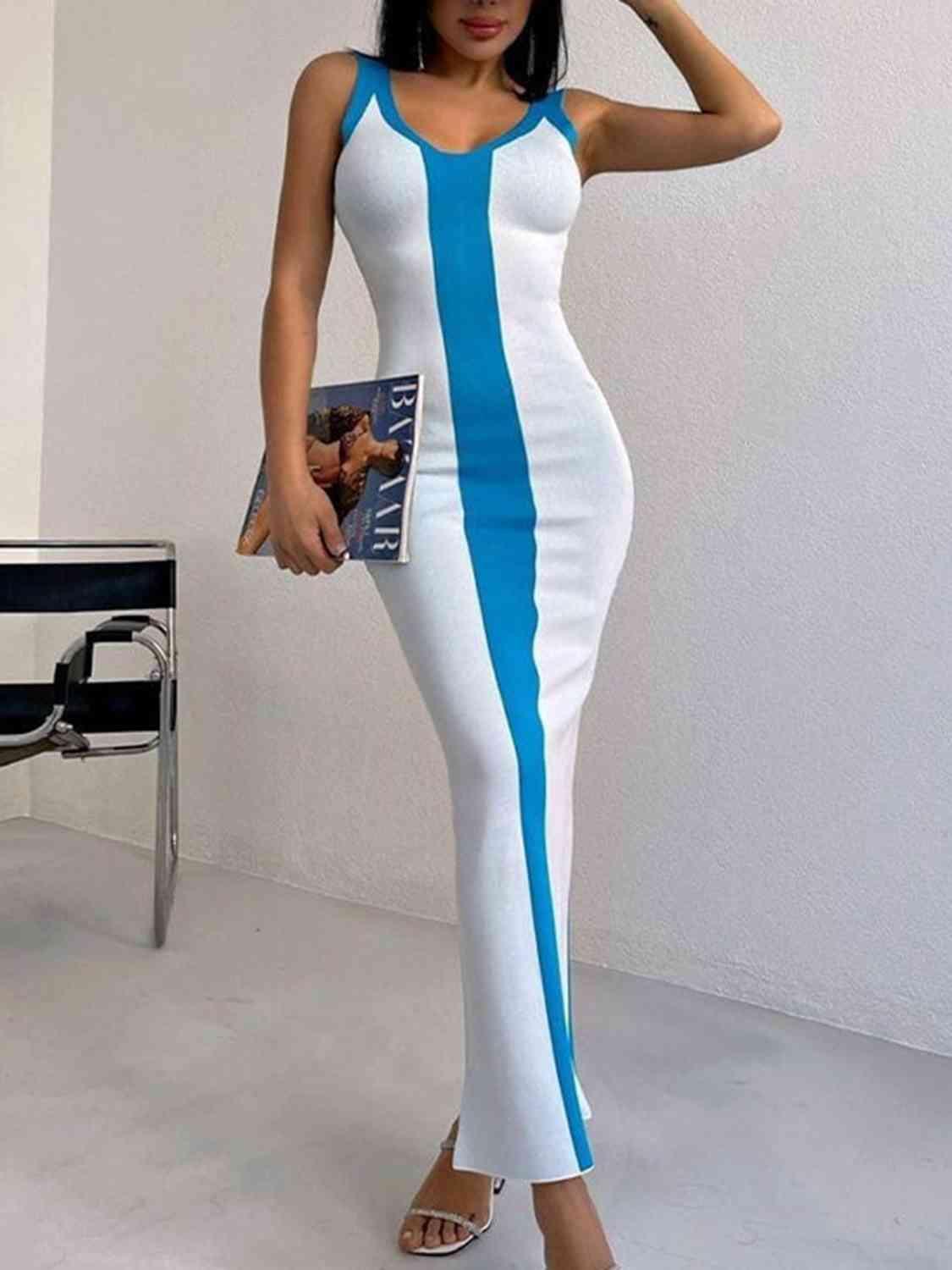 Contrast Wide Strap Slit Midi Dress - Immenzive