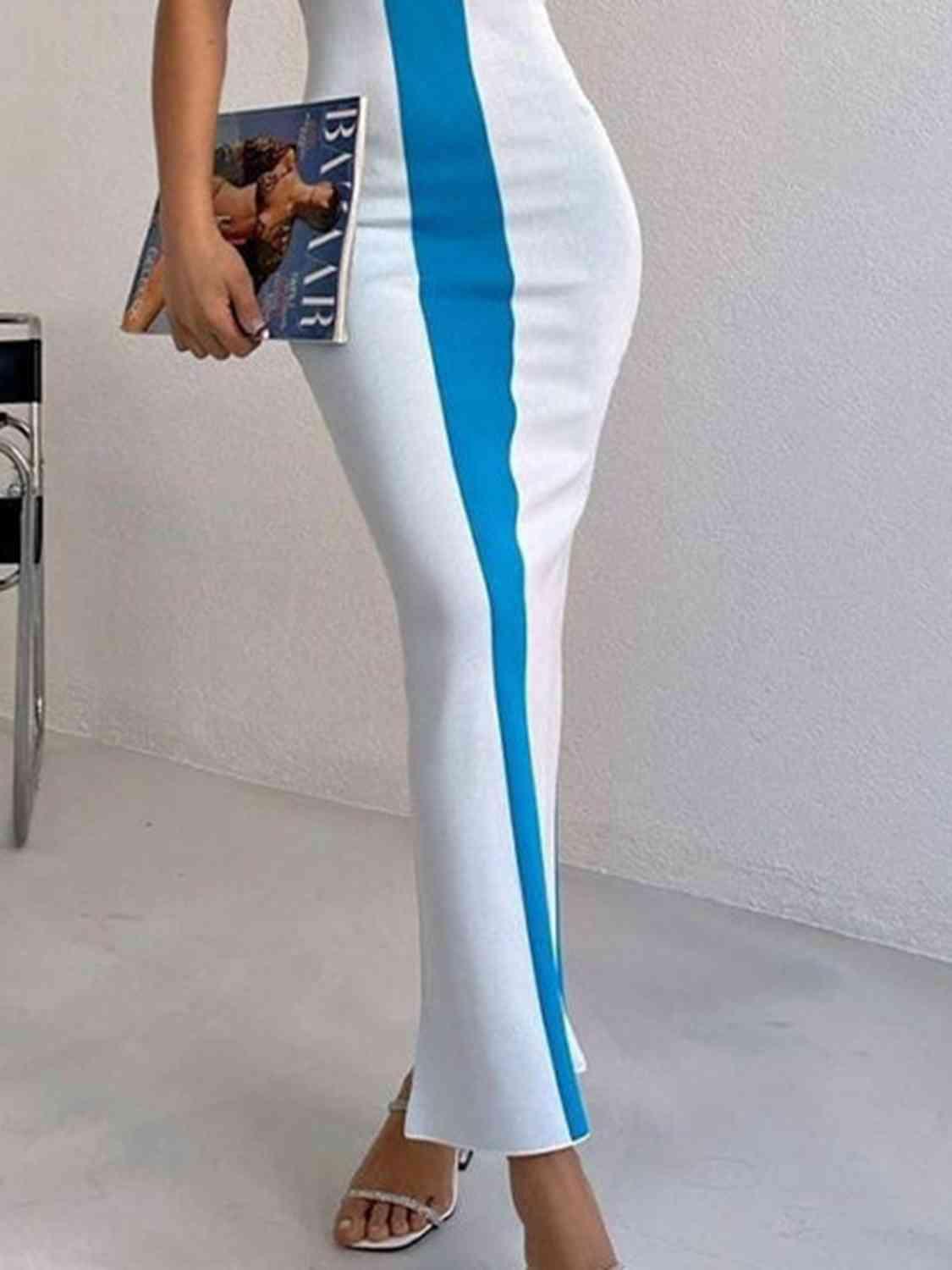 Contrast Wide Strap Slit Midi Dress - Immenzive