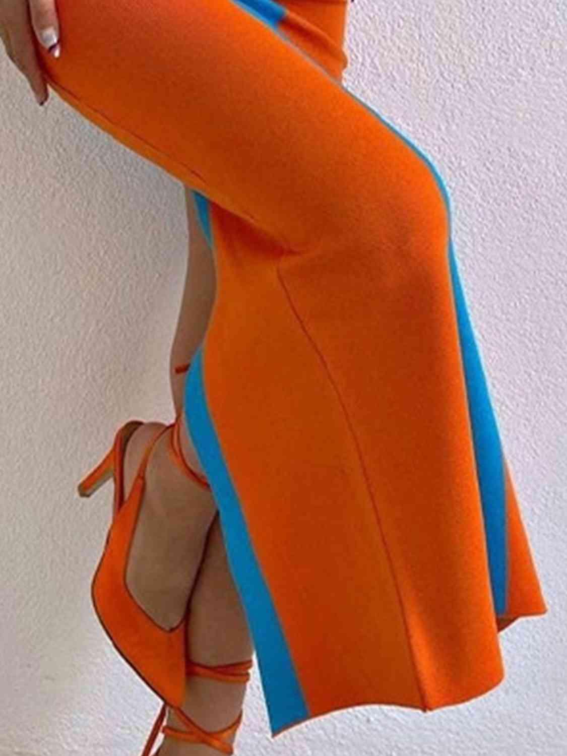 Contrast Wide Strap Slit Midi Dress - Immenzive