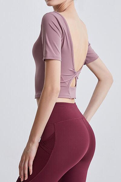 Cutout Backless Round Neck Active T-Shirt - Immenzive