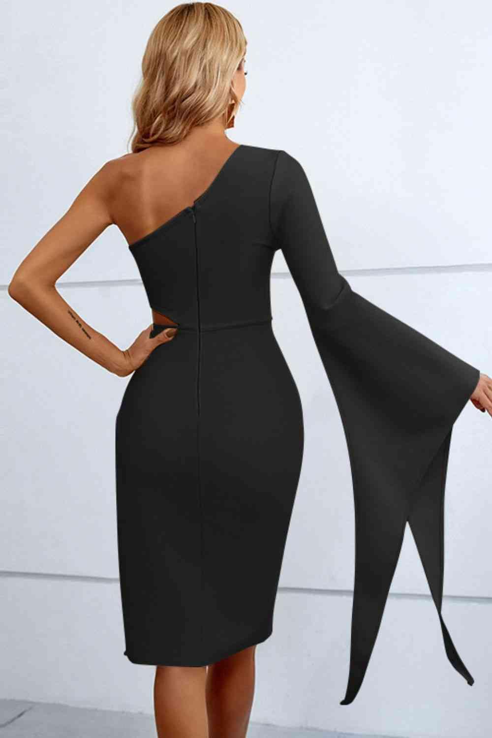 Cutout Split Flare Sleeve One-Shoulder Dress - Immenzive