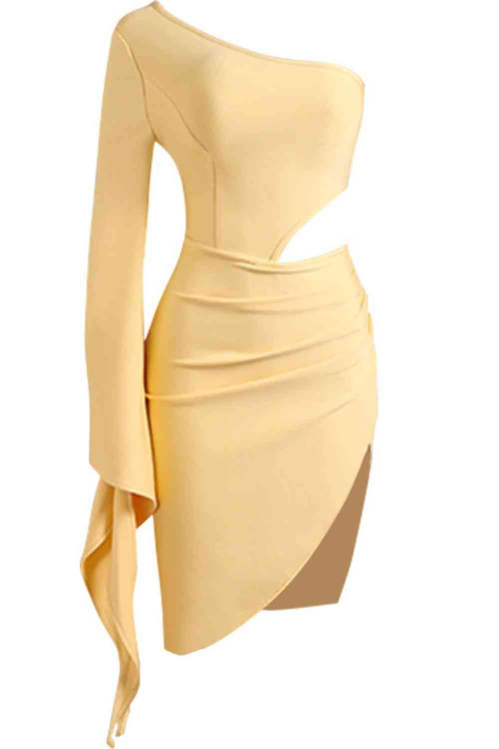 Cutout Split Flare Sleeve One-Shoulder Dress - Immenzive