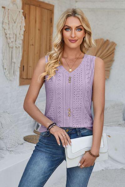 Eyelet Decorative Button V-Neck Tank - Immenzive