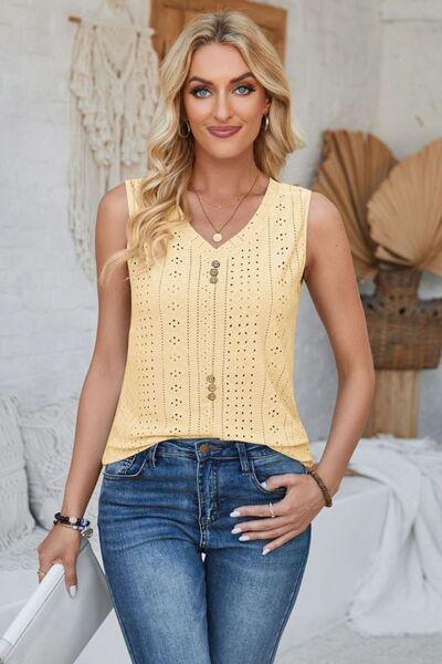 Eyelet Decorative Button V-Neck Tank - Immenzive