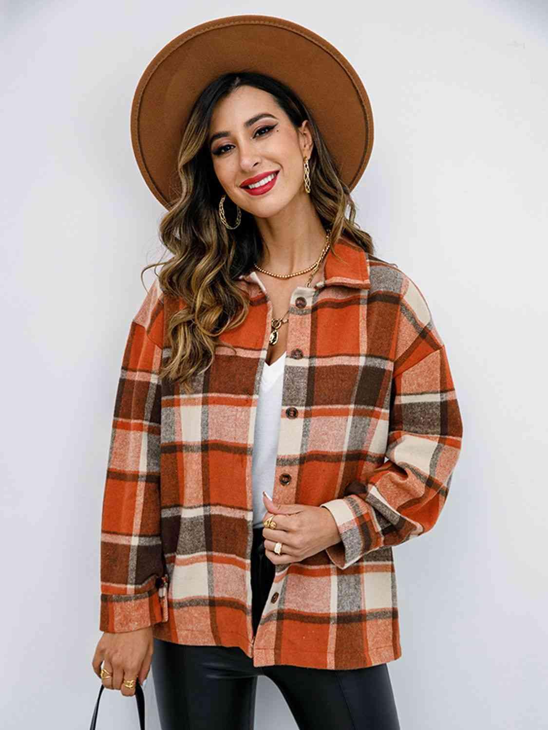 Plaid Button Up Collared Neck Jacket - Immenzive