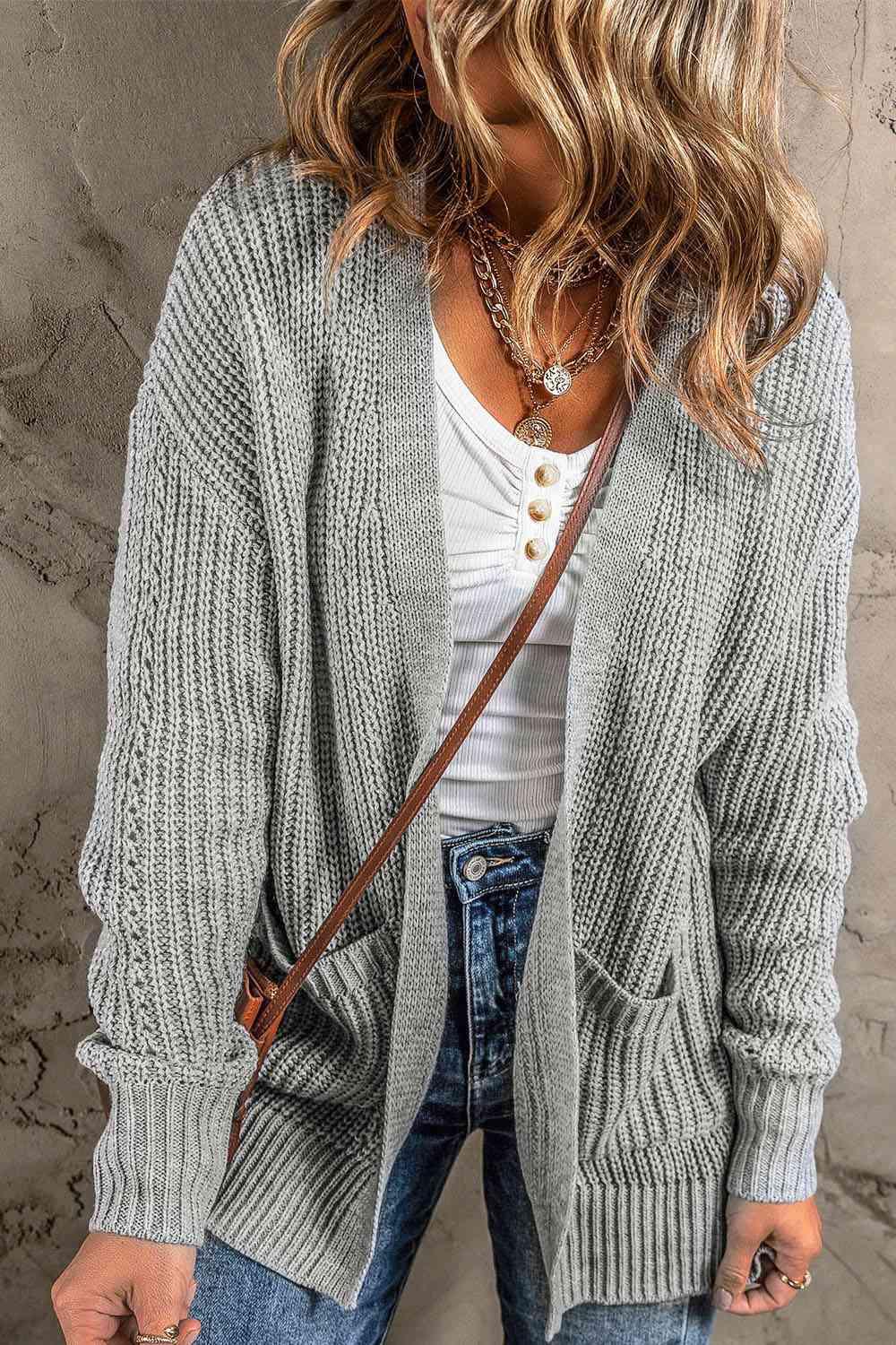 Open Front Long Sleeve Cardigan with Pockets - Immenzive