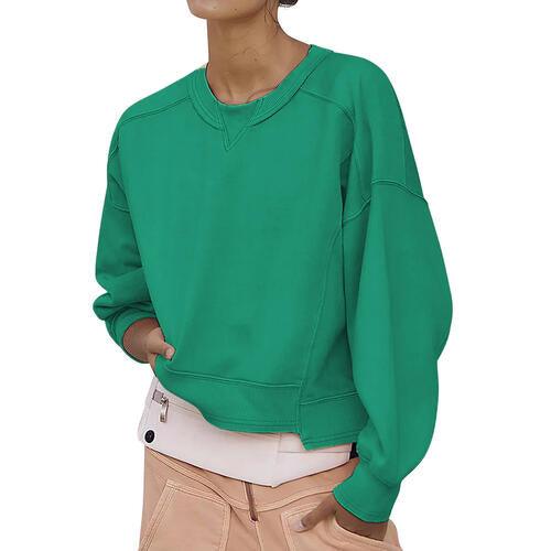 Round Neck Drop Shoulder Long Sleeve Sweatshirt - Immenzive