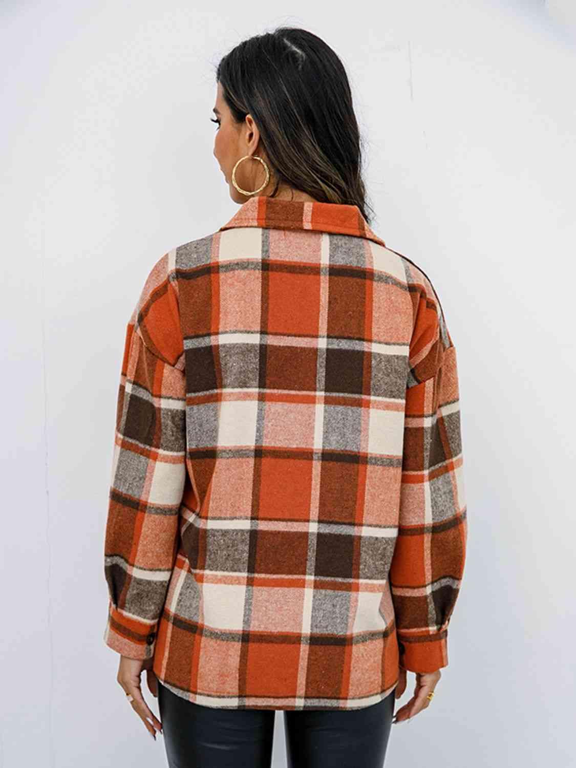 Plaid Button Up Collared Neck Jacket - Immenzive