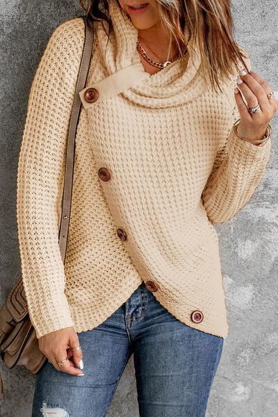 Decorative Button Mock Neck Sweater - Immenzive