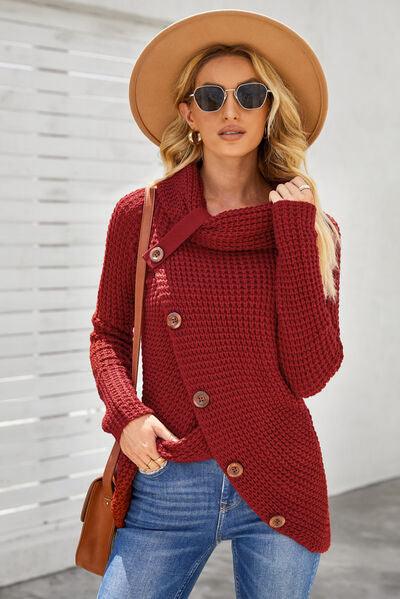 Decorative Button Mock Neck Sweater - Immenzive