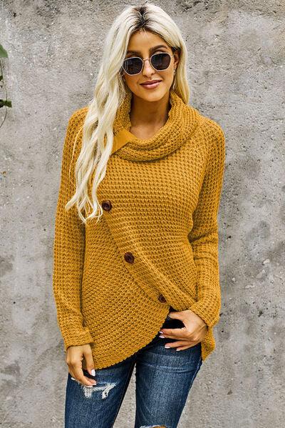 Decorative Button Mock Neck Sweater - Immenzive