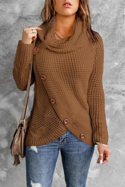 Decorative Button Mock Neck Sweater - Immenzive