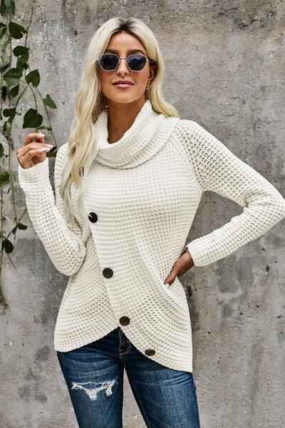 Decorative Button Mock Neck Sweater - Immenzive