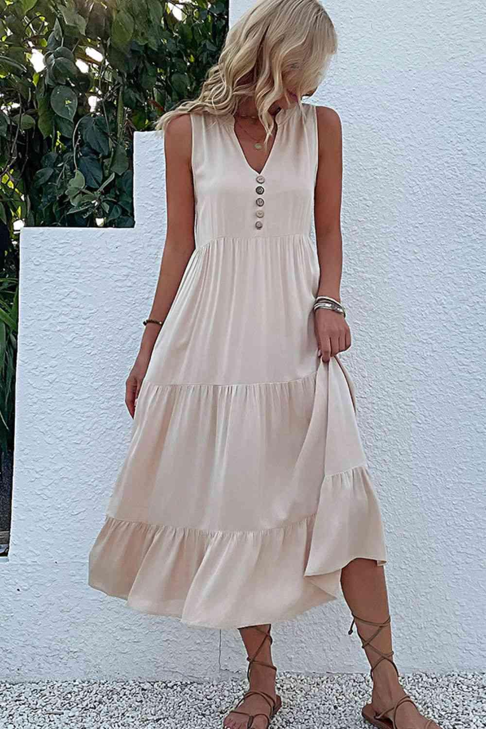 Decorative Button Sleeveless Tiered Dress - Immenzive