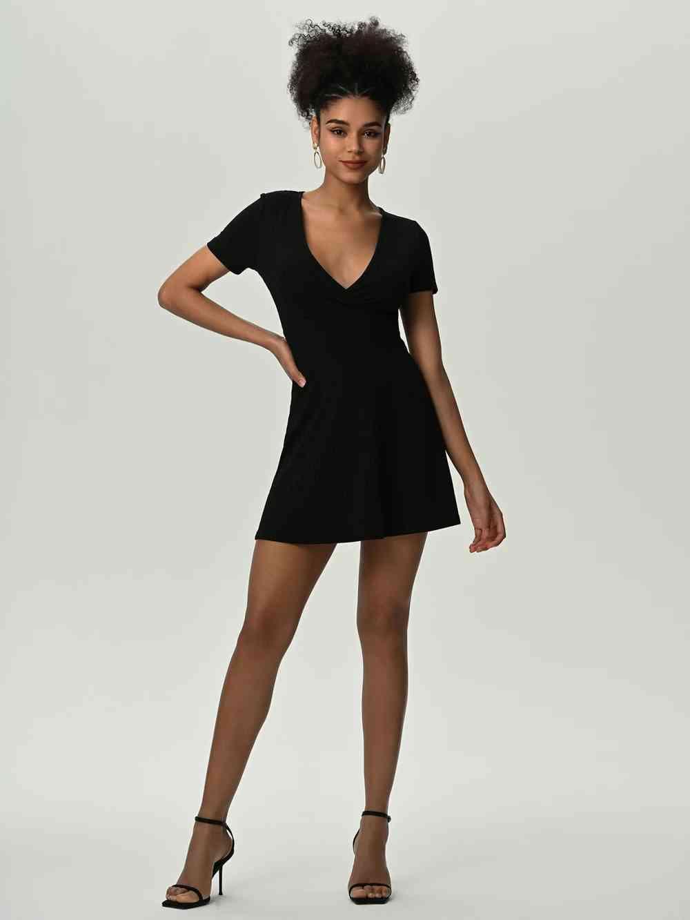 Deep V Short Sleeve Mini Dress - Immenzive