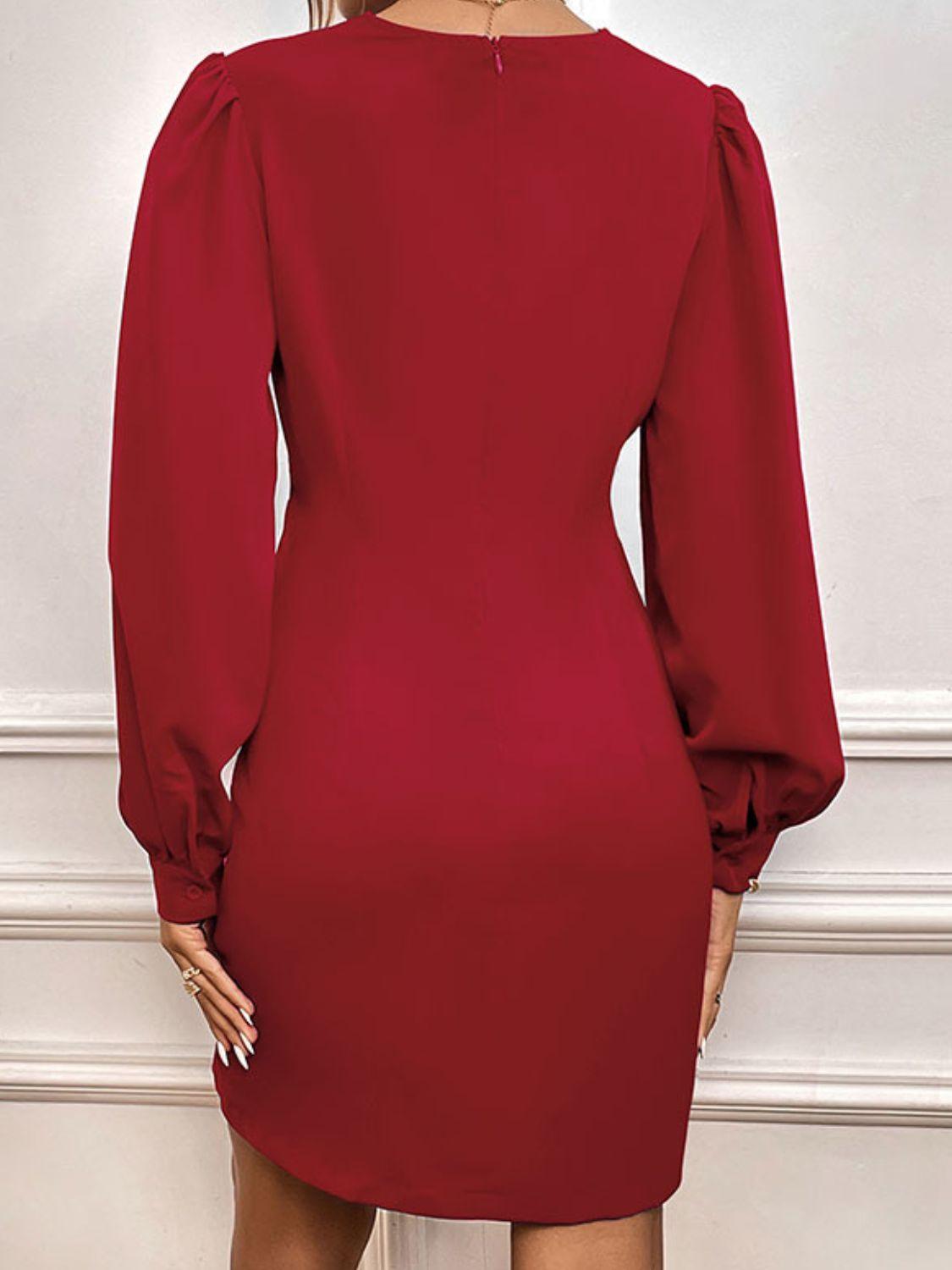 Deep V Twisted Puff Sleeve Dress - Immenzive
