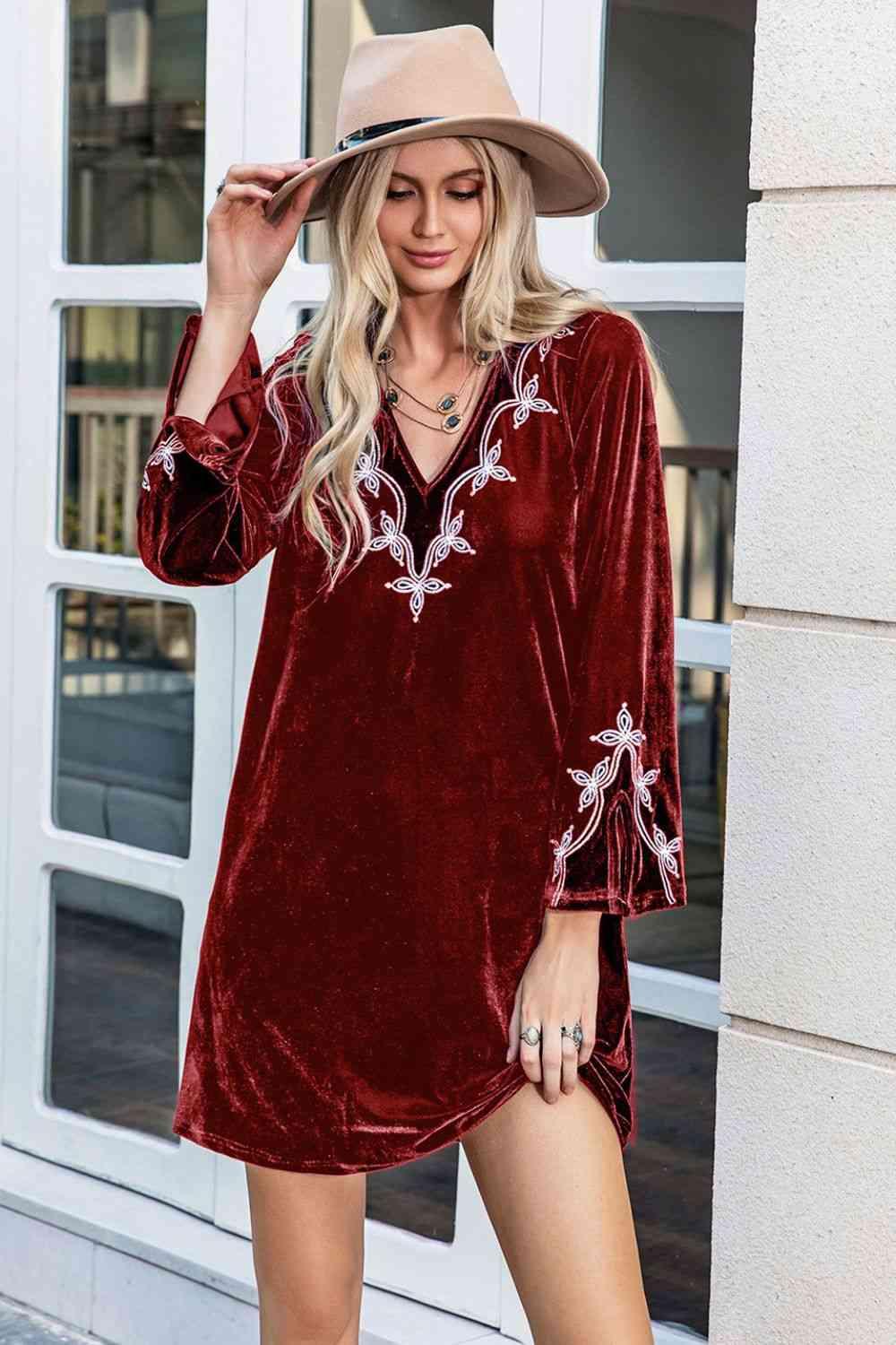 V-Neck Long Sleeve Mini Dress - Immenzive