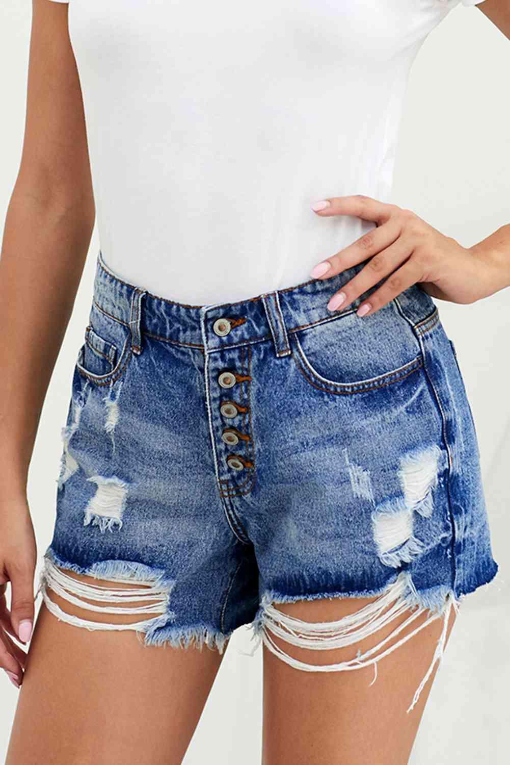 Distressed Button Fly Denim Shorts - Immenzive