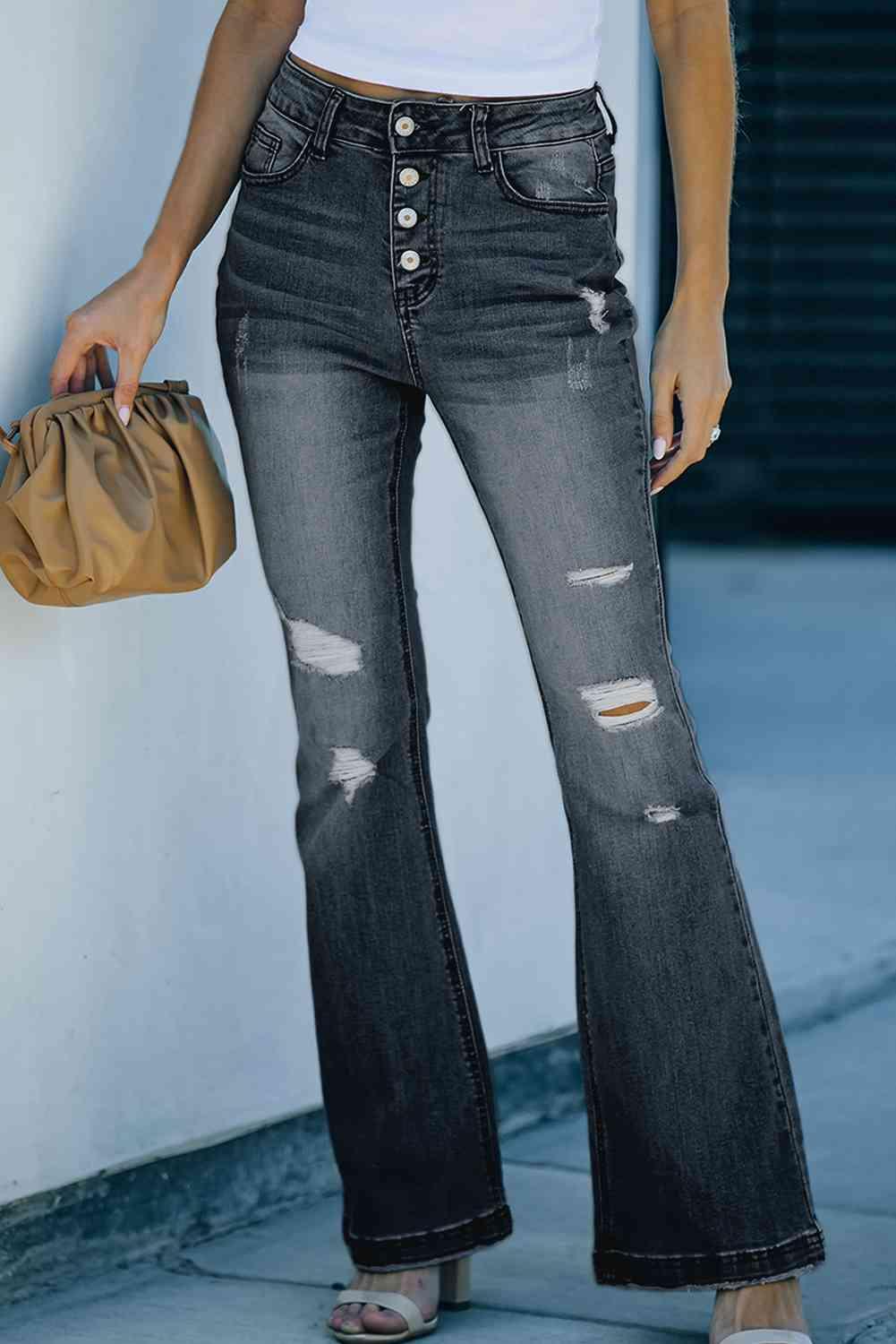 Distressed Button-Fly Flare Jeans - Immenzive