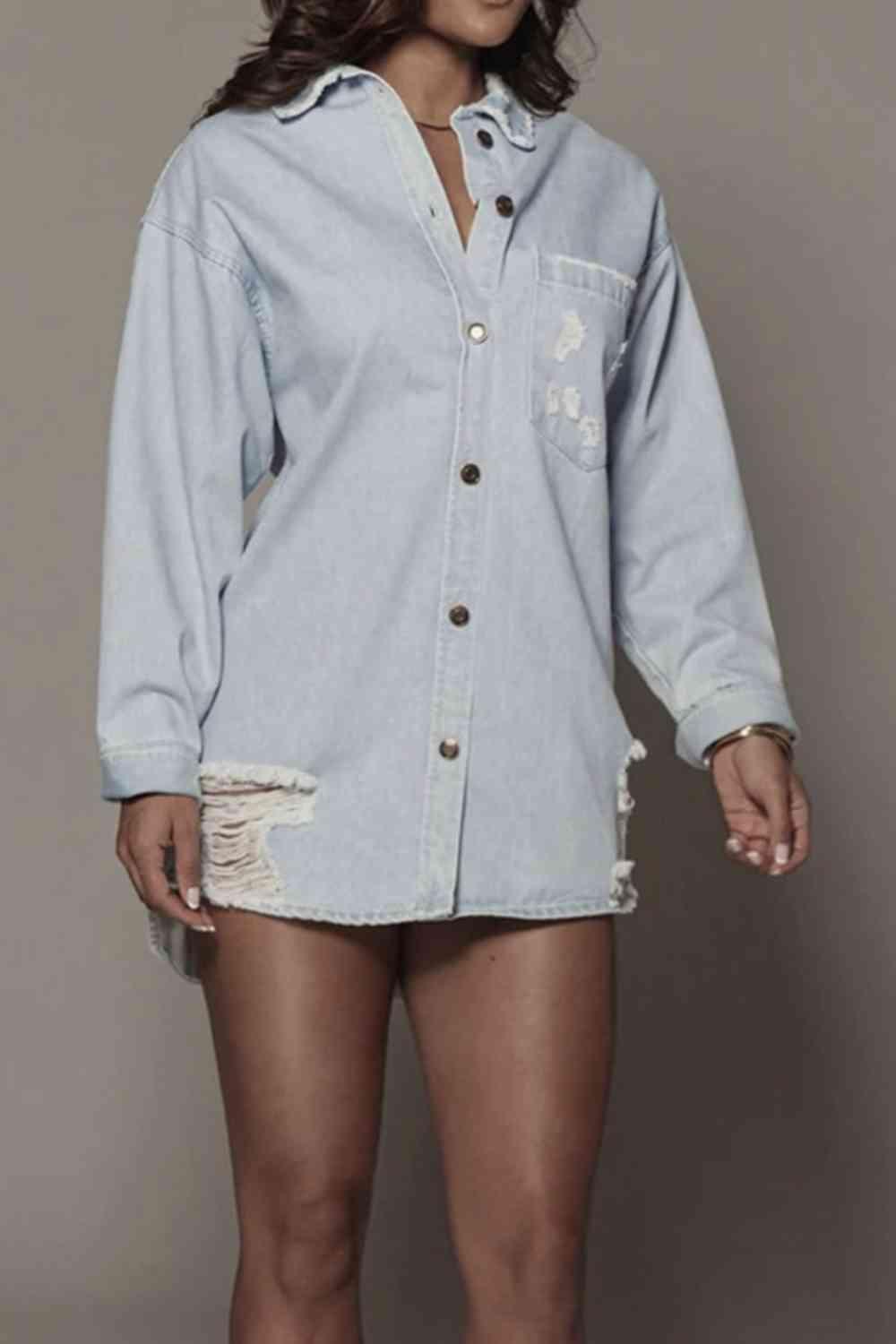Distressed Long Sleeve Longline Denim Jacket - Immenzive