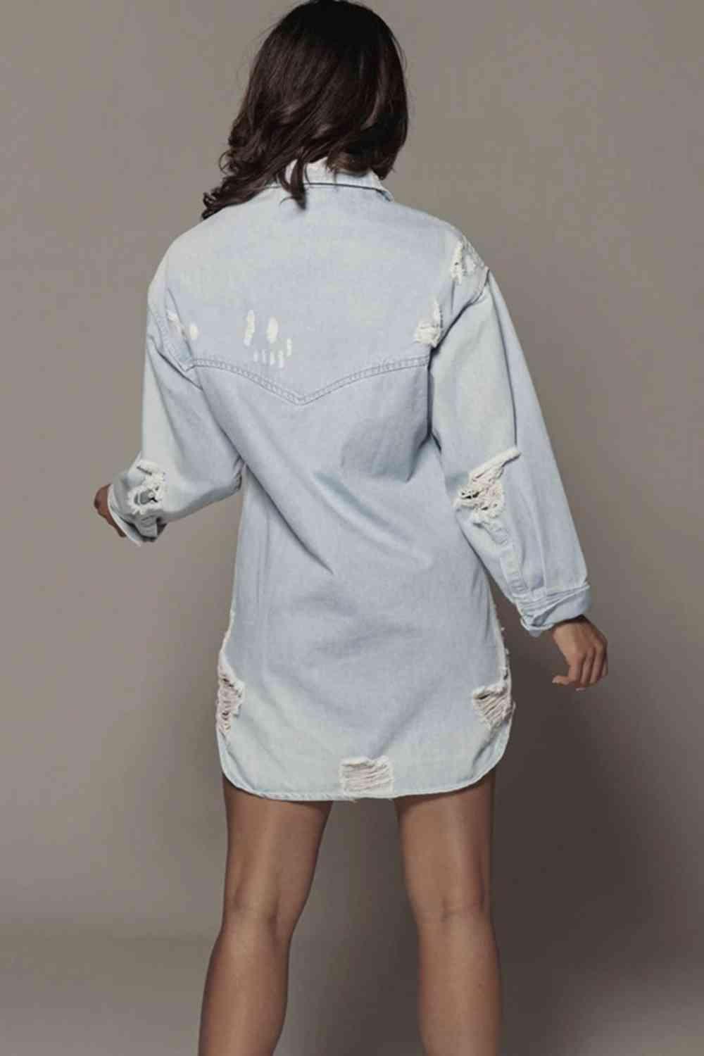Distressed Long Sleeve Longline Denim Jacket - Immenzive