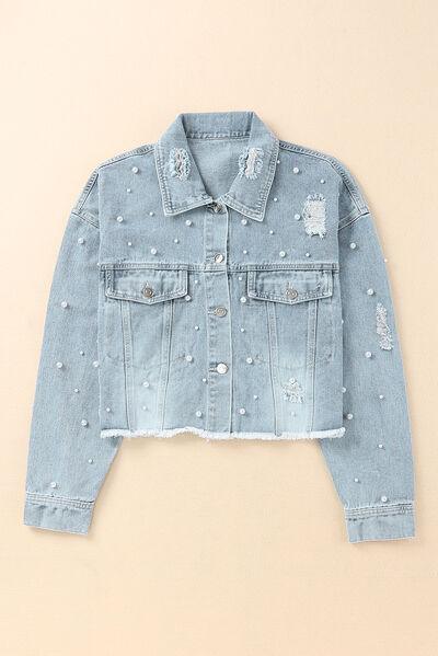 Distressed Pearl Trim Button Up Denim Jacket - Immenzive