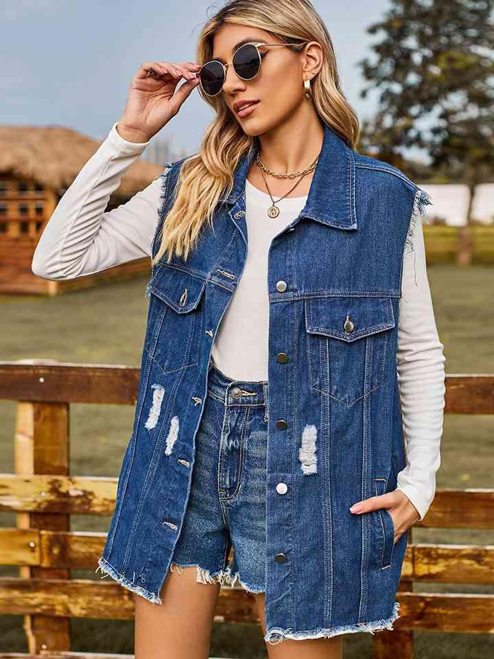 Distressed Sleeveless Denim Jacket - Immenzive