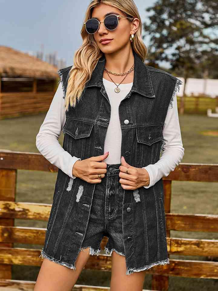 Distressed Sleeveless Denim Jacket - Immenzive