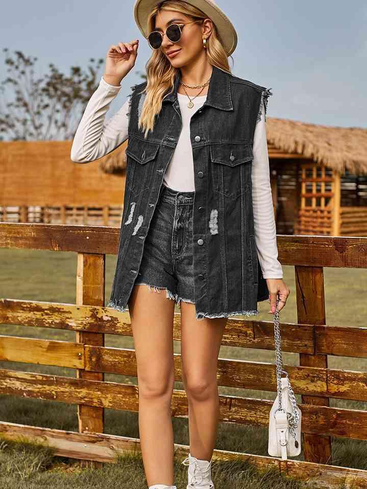 Distressed Sleeveless Denim Jacket - Immenzive