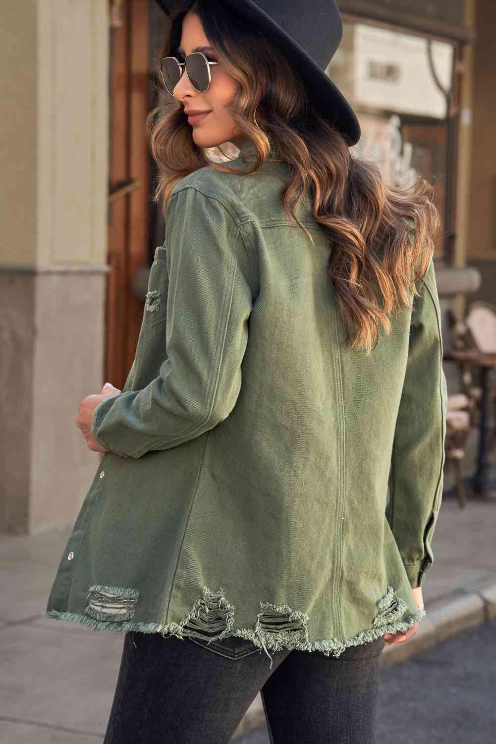 Distressed Snap Down Denim Jacket - Immenzive