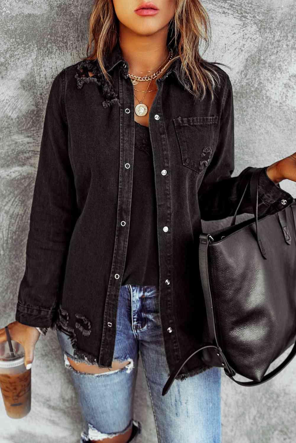 Distressed Snap Down Denim Jacket - Immenzive