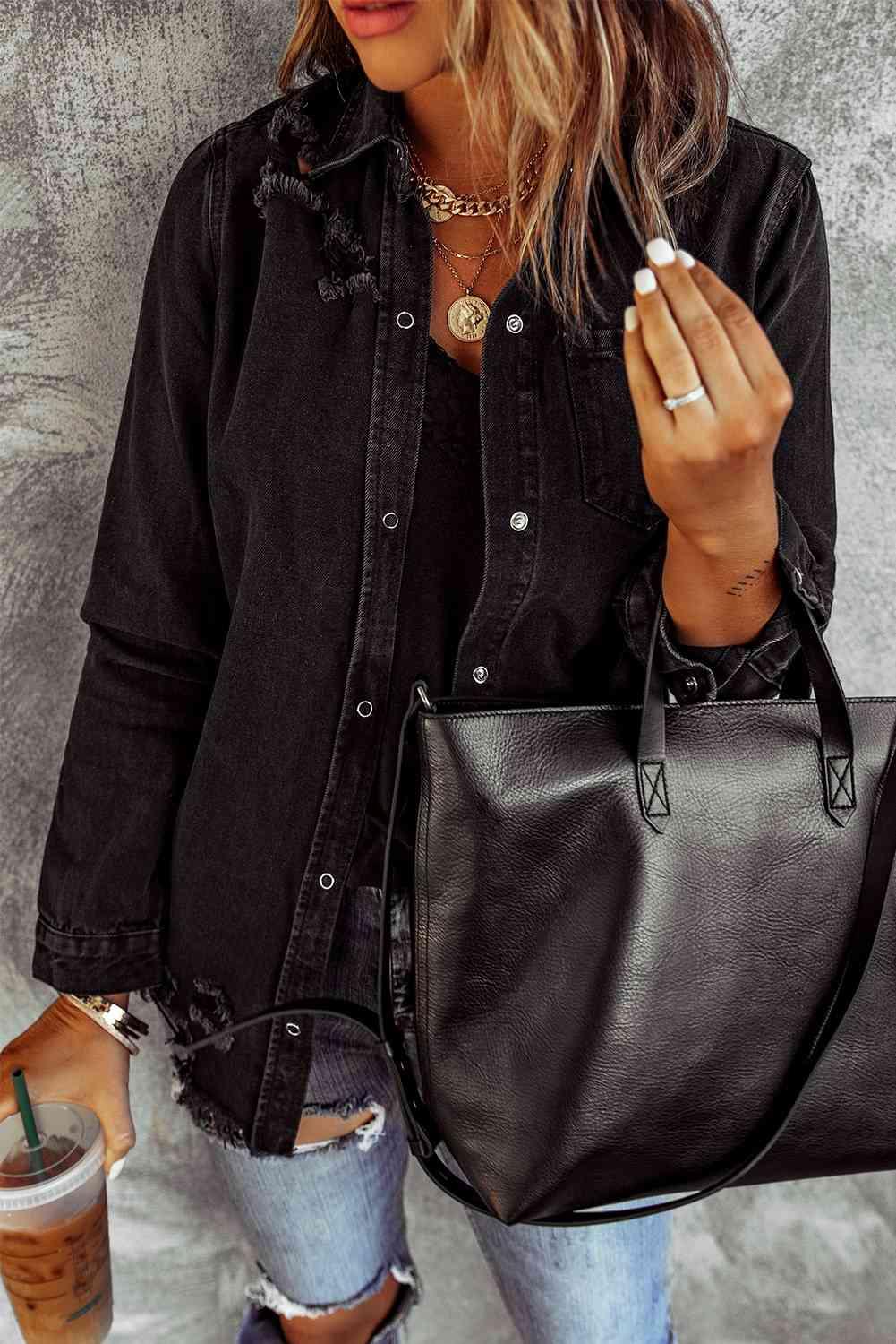 Distressed Snap Down Denim Jacket - Immenzive