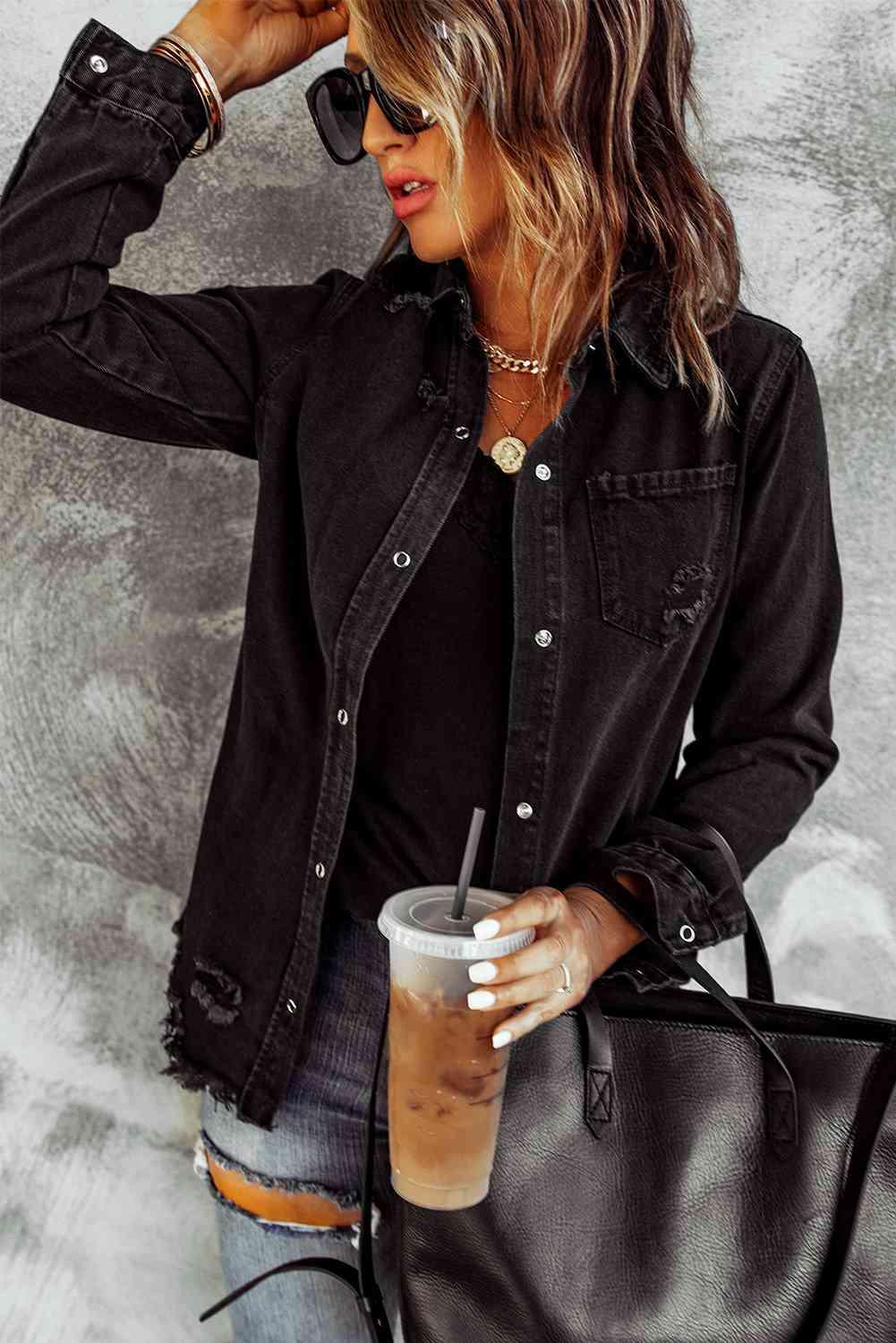 Distressed Snap Down Denim Jacket - Immenzive