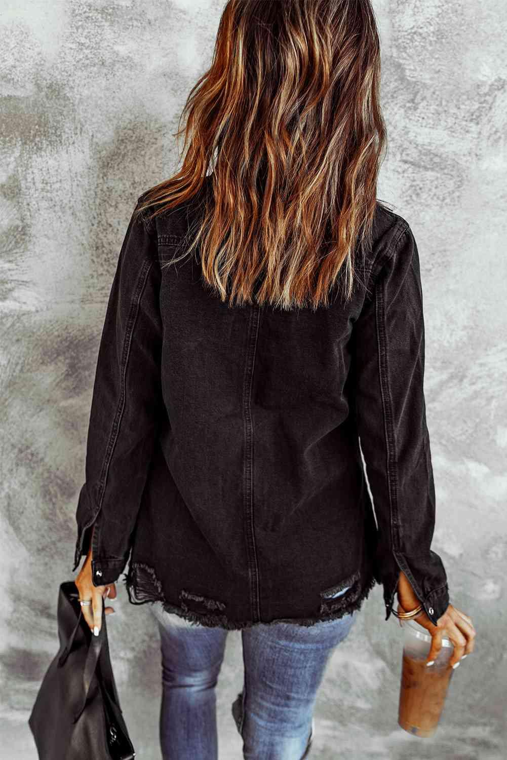 Distressed Snap Down Denim Jacket - Immenzive